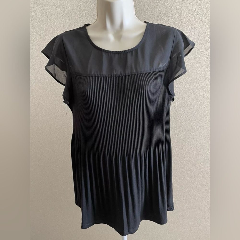 Adrianna Papell Women’s Black Short Sleeve Round Neck Pleated Blouse s M